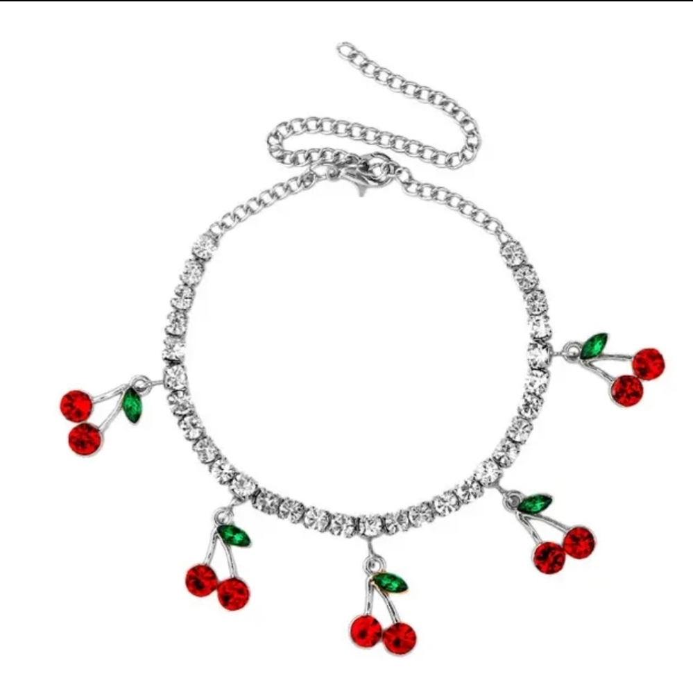 Crystal Red Cherry Pendant Charm Silver Rhinestone Chain Cute Anklet Jewelry